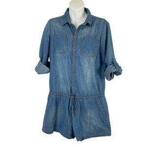 Dollhouse Blue Denim Romper Shortalls Women M Distress Utility Roll Tab Sleeve